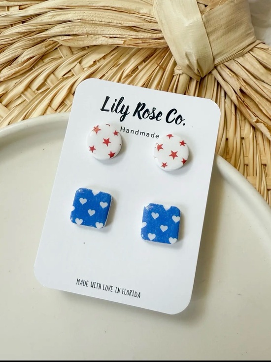 Lily Rose Jewelry - Lily Rose Blue Heart & White Red-Star Stud Duo